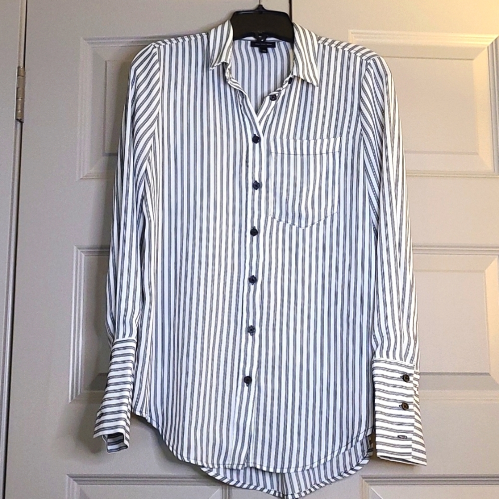 Who What Wear Black and White Striped thin Button Down Blouse